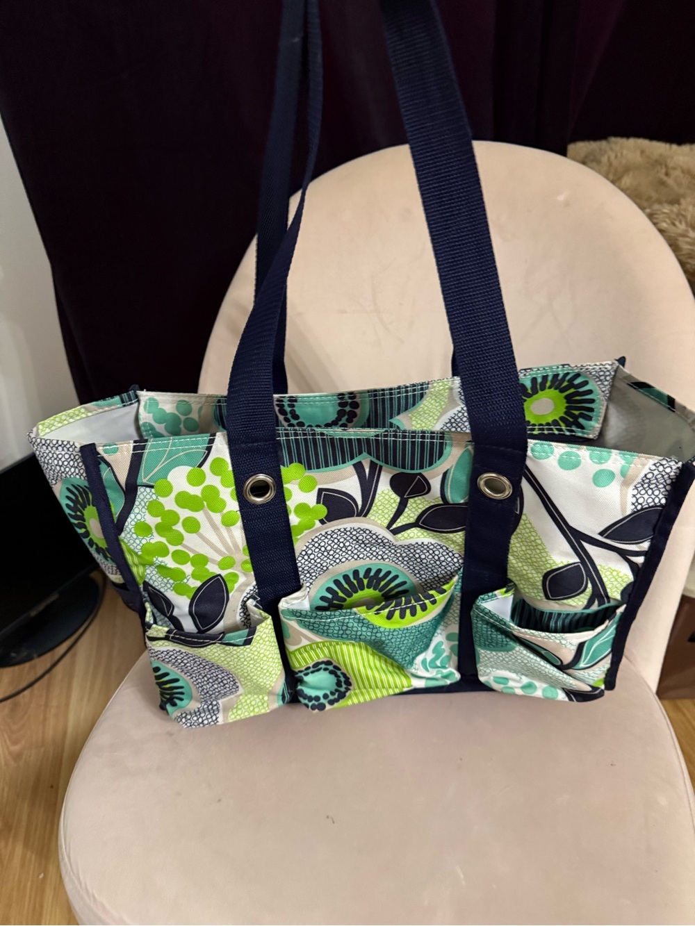 Thirty One Floral Green & Teal Tote Bag with Navy Straps